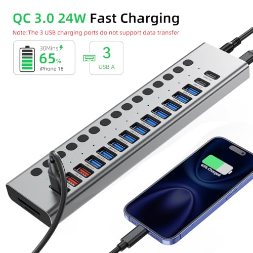 Image of VANGREE Powered USB Hub 10Gbps, 17 Ports USB 3.2 Hub, 96W Power Adapter