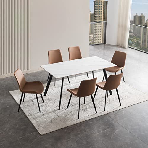 Hipihom Modern Dining Table Set For 6, 7 Pieces Rectangular Dining White Sintered Stone Table And Chairs Set 6 For Home, Kitchen, Living Room, Dining Room (Table+6 Brown Chairs) (7P-7374Jd15Brown) #TOP5