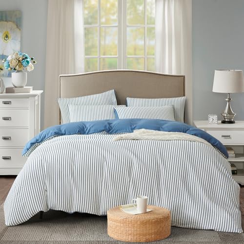 Image of Denim Blue Striped Comforter Set King - 3 Pieces Bedding Comforter Set for All Season, Soft Lightweight Washed Microfiber, 1 Striped Comforter and 2 Pillowcases (Denim Blue, King Size)