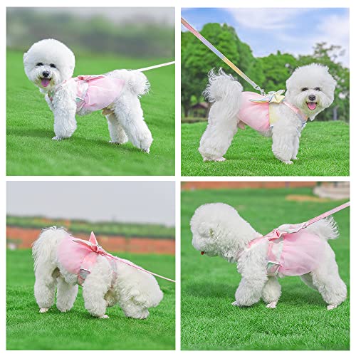 Image of HDKUW Dog Harness Dress with Leash Set,Sweet Colorful Bow Dog Dress Soft Tutu Vest Pet Clothes for Cats Puppy Small Dogs Pink L