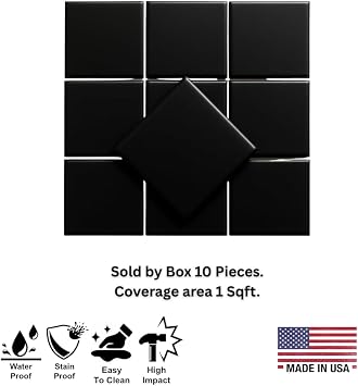 4 in Ceramic Tile Gloss 4 1/4 Box of 10 Pieces for Bathroom Wall and Kitchen Backsplash by Tenedos Glossy Finish, Classic Look (Black)