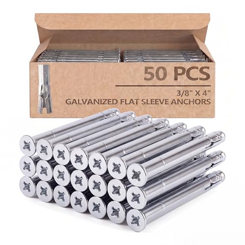 Mindoub 50 Pack 3/8" x 4" Flat Head Sleeve Anchors, Zinc Plated Heavy Duty Expansion Bolts for Masonry and Concrete, Bulk Industrial Masonry Fasteners