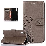 Kompatibel mit Sony Xperia XZ/XZs Hülle,ikasus Prägung Blumen Malerei Schmetterling PU Lederhülle Flip Hülle Cover Schale Stand Ständer Etui Karten Slot Wallet Tasche Case Schutzhülle,Grau
