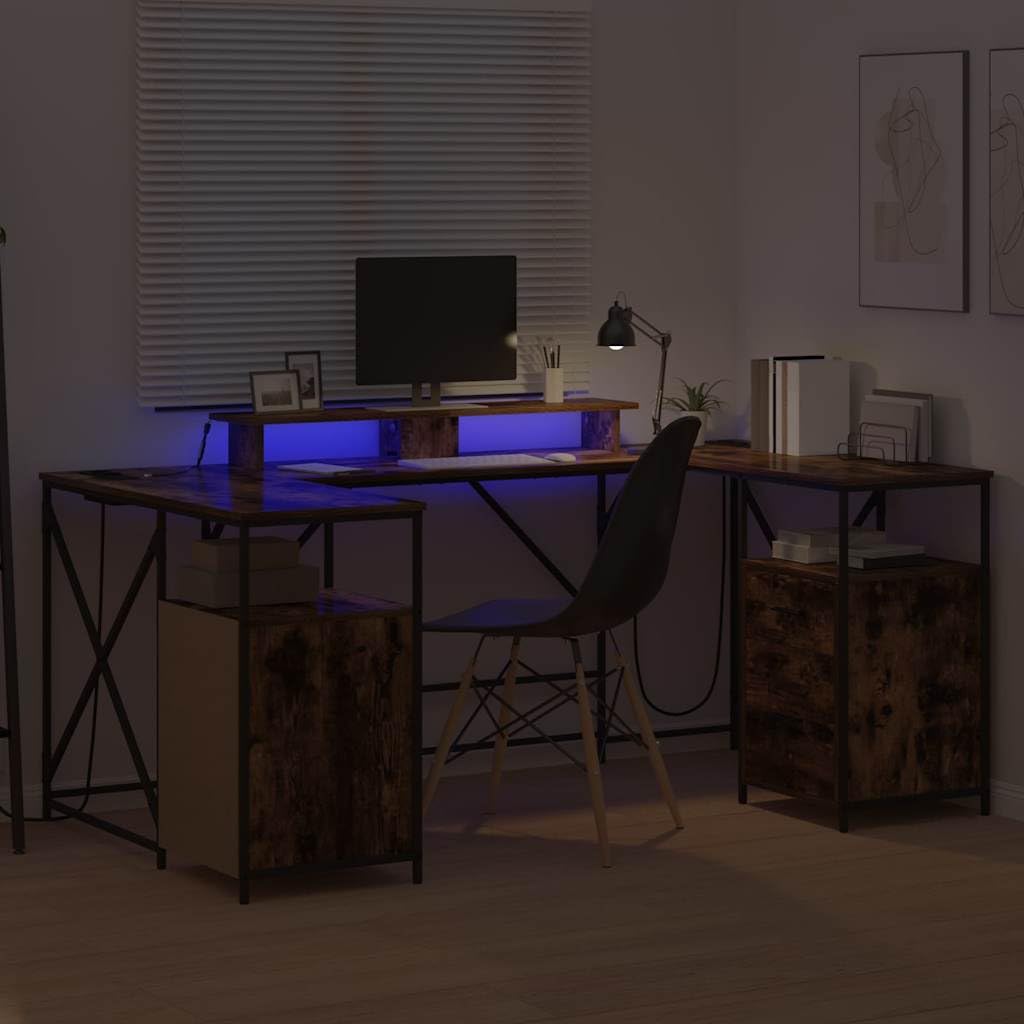 Scrivania affumicatura 182 x 101 x 87,5 cm, materiale in legno, con spazio di archiviazione, illuminazione a LED, gestione cavi, per casa, ufficio, design moderno