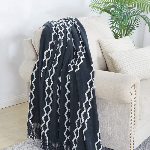 Bourina Fluffy Chenille Knitted Fringe Throw Blanket Lightweight Soft Cozy For Bed Sofa Chair Throw Blankets, Navy 50" X 60" #TOP2