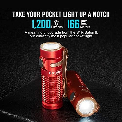 OLIGHT Baton 3 Premium Edition Pocket Torch 1200 Lumens LED Powerful Mini Torches LED Reachargeable Small Flashlight Compact EDC Pocket Lights, with Charging Box (Red)