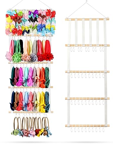 Image of AILIKESE 5 Rows Hair Bow Organizer Bow Holder for Girls Hair Bows Hanging Baby Headband Holder Wooden Bow Organizer Suitable for Wall, Room, Door or Closet (Plastic hooks)