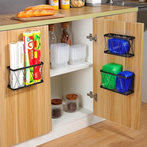 YIGII-3-Pack-Adhesive-Cabinet-Organizer-Storage-Lid-Organizer-Wall-Mounted-Pantry-Door-Organizer-Bin-Holder-for-Tupperware-Lid-Kitchen-Wall-Under-Sink-Basket-Slim-Space-Black-Stainless-Steel