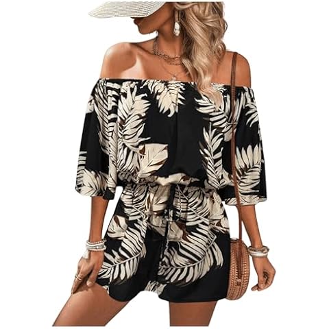 SHENHE Women's Off Shoulder Tropical Romper Cover