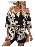 SHENHE Women's Off Shoulder Flutter Sleeve Boho Tropical Romper Short Jumpsuit Playsuit Black Large