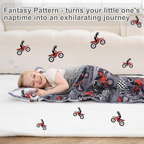 Image of Viviland Toddler Nap Mat with Pillow and Minky Dot Blanket, Rolled Large Sleeping Mat for Boys, Kids Slumber Bag /Nap Mat for Preschool, Daycare, Kindergarten, Travel Camping - Cool Motocycle