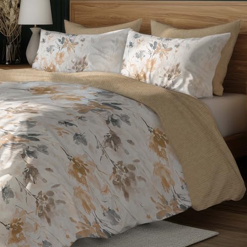 Image of LANE LINEN 400TC Morrison Bloom Super King Size Bedsheet with 4 Pillow Cases | 100% Cotton Digital Print Bedding Set (2.74 M x 2.74 M) | Modern Floral Pattern for Luxurious Comfort (Brown White)