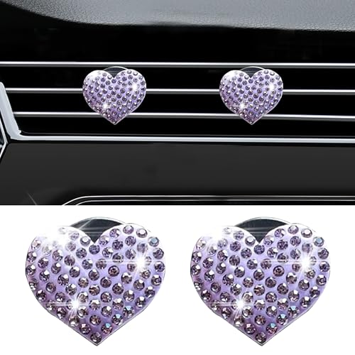 Image of Car Bling Air Vent Clips, 2 Pcs Bling Heart Charm Air Conditioning Outlet Clip, Crystal Rhinestone Accessories, Car Interior Decoration Cute Accessories for Women Girls (Purple, Vanilla)