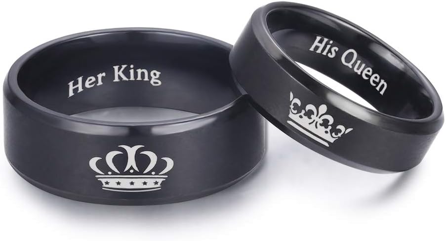 LAVUMO King and Queen Rings for Couples - 2pcs His Hers Stainless Steel Matching Ring Sets for Him and Her - Promise Engagement Wedding Band Black Comfort Fit