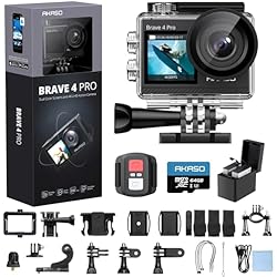 AKASO Brave 4 Pro 4K30 Action Camera with 64GB MicroSD U3 Card, 131FT Underwater Waterproof Camera EIS Touch Screen Remote Control with 2x1350mAh Batteries and Helmet Accessories Kit Bundle