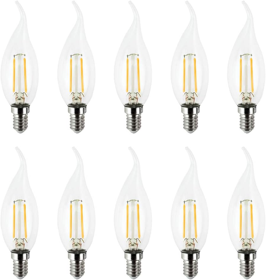 Mulslect E14 LED Candelabra Bulb LED Chandelier Light Bulbs 2W 3000K White 160LM IP44 Flame Tip Vintage LED Filament Candle Bulb with Decorative Candelabra Base (10 Packs)