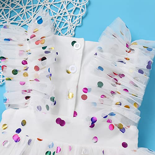 Baby Girls 1St Birthday Outfit Colorful Polka Dots Print Tulle Romper Ruffle Shoulder Straps Sleeveless Square Neck Princess Party Tutu Dress Cake Smash Clothes For Photo Shoot White 12-18 Months #TOP4