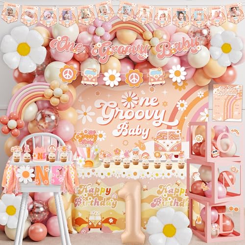 Groovy One 1st Birthday Decorations for Girl - Boho Hippie Daisy Balloon Garland Balloon Boxes Backdrop Highchair Banner Cake Topper Crown & Poster
