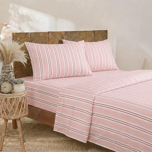 Image of Merryword 100% Cotton Sheet Set King Size, Pink Stripes Bedding, Soft Breathable Percale Weave, Modern Minimalist, Luxury Linen Like, Deep Pocket Fitted Sheet 17.5 inch
