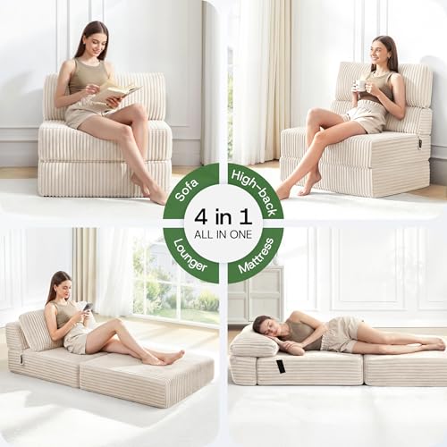 Image of Convertible 4-in-1 Folding Sofa Bed Boneless Sleeper Chair Couch Foldable Chaise Lounger & Mattress Pocket Coils+Foam Fill Medium Support, No Assembly for Living Room /Bedroom, Twin Beige