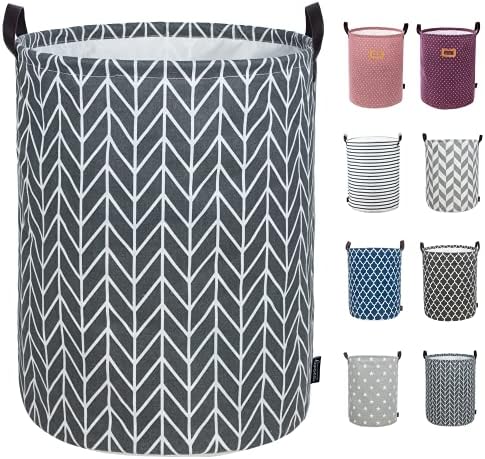 Caroeas 18.0-Inches Thicken Laundry Basket, Waterproof Large Laundry Basket Drawstring Closure, Collapsible Laundry Basket Soft Leather Handles, Laundry Hamper Easy Storage, Clothes Hamper(Grey Arrow)
