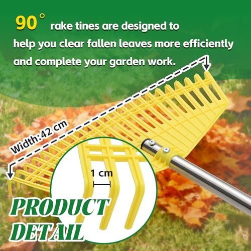 Garden Rake, Extra Wide 42 cm Leaf Rake, 23 Flexible Tines, 203 cm Adjustable Plastic Rake, Yellow - Image 2