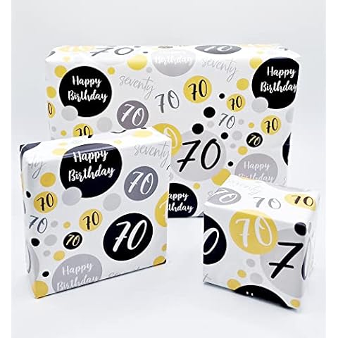 2 Sheets 70th Birthday Wrapping Paper Age 70 Birthday Gift Wrap Paper Male/Female Gold Black and Silver (PA) Cover