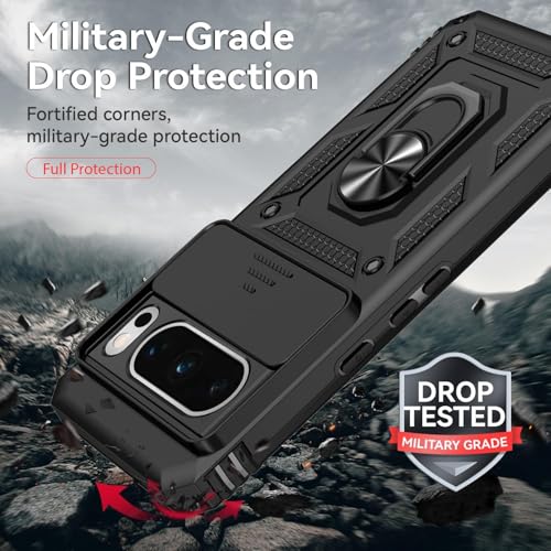 Image of Scalebee Google Pixel 8 Pro Case Cover, Black | Heavy Duty Rugged Armor, Slide Camera Shield, 360 Rotated Ring Kickstand, Slim Fit Shockproof Bumper