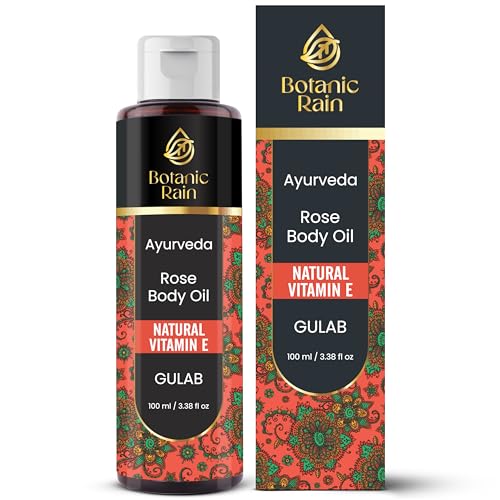 Botanic Rain Ayurveda Rose Body Oil, Moisturizing & Hydrating Organic Vitamin E Oil, Body Oils For Women After Shower, Ayurveda Products For Saggy Skin - 100 ml