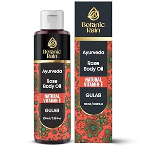 Ayurveda Rose Body Oil, Moisturizing & Hydrating Organic Vitamin E Oil, Body Oils For Women After Shower, Ayurveda Products For Crepey Skin Repair – 3.38 Fl Oz