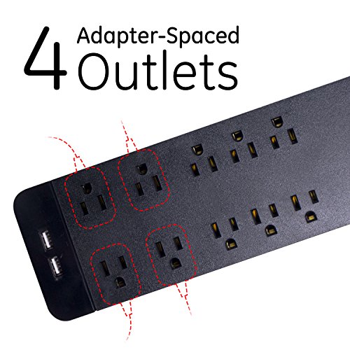 Ge 10 Outlet Surge Protector, 2 Usb Charging Ports, 4 Foot Cord, Flat Plug, Wall Mount, Black, 37746 #TOP3