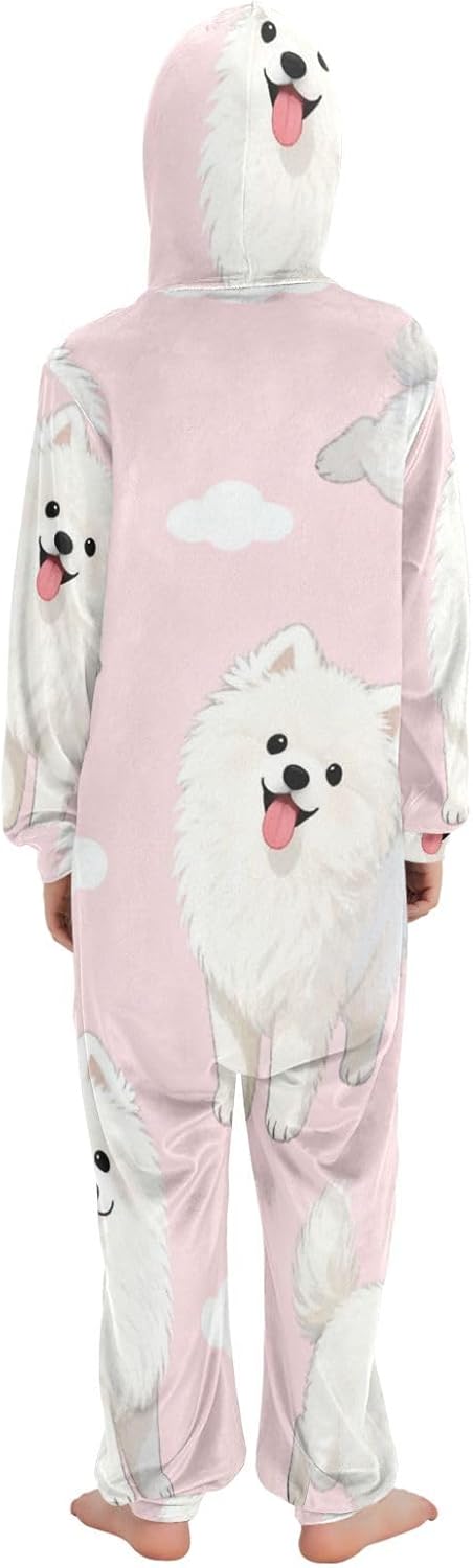 Cute White Samoyed DogUnisex Onesie PajamasZipper Hooded One-Piecing Costumefor Parties Sleepovers
