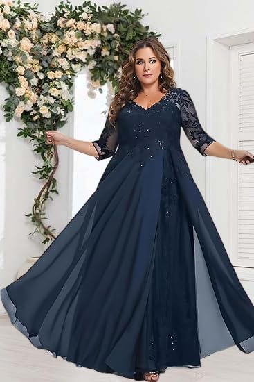 Mother of The Bride Dresses for Wedding Formal Evening Gowns 3/4 Sleeve V Neck Long Chiffon Wedding Guest Dress2