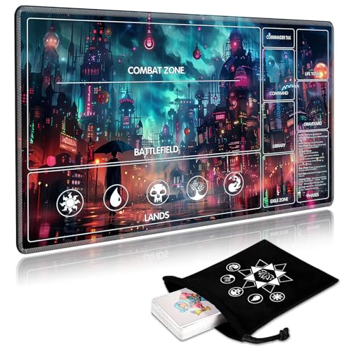 Image of for MTG Playmat with Card Storage Bag,Non-Slip Rubber Base & Smooth Surface 24x14in,Beginner-Friendly Magic Mat for Commander Deck,Cyberpunk Neon City