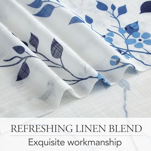 Image of Beauoop Floral Linen Semi Sheer Curtains Living Room Blue Navy 50x63 2 Set