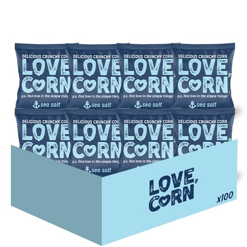 LOVE CORN Sea Salt | Delicious Crunchy Corn Snacks | .07oz x 100 Gluten Free, Vegan Bags | Convenient for Lunch Boxes, Commuting & Office Snacks