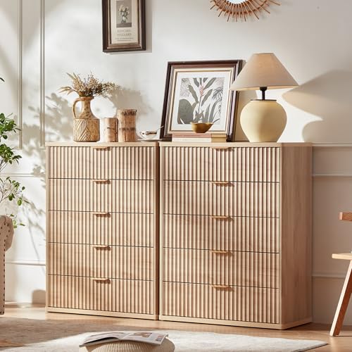 LEYAOYAO Fluted 5 Drawers Dresser Set of 2, 41" Tall Modern Chest of Drawers with Metal Handle, Curved Profile Dresser TV Stand, Wooden Drawer Organizer for Bedroom, Living Room, Hallway, Navy Blue