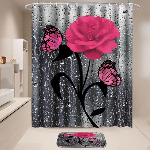 BXFUL 4 Piece Waterproof Shower Curtain Set for Bathroom-Rose-Non-Slip Bath Mat and 12 Hooks,Curtain Set with Rug,Toilet Lid Cover Bathroom Decoration (Pink) - Image 6