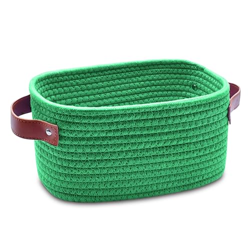 ABenkle Small Storage Basket, Mini Baskets with Handle, Cute Cotton Woven Baskets for Shelves, Boho Decorative Toy Storage Bin for Nursery, Spa, Empty Gift Basket - XS, Deep Green
