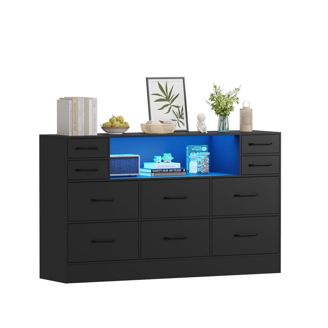 TRIOBLADE Chest of Drawers with 16 Colour LED Lights 10 Drawer Fabric Storage Unit with Wood Top Sturdy Frame Wide Dresser Bedroom Furniture for Living Room Hallway Closet 120x30x72cm (Black)