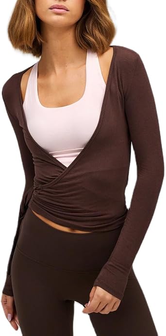 Pilates Wrap Tie Shirt Tops for Women Long Sleeve Ballet Tie Top Dance Ballerina Cover Up Top Yoga Workout Blouse