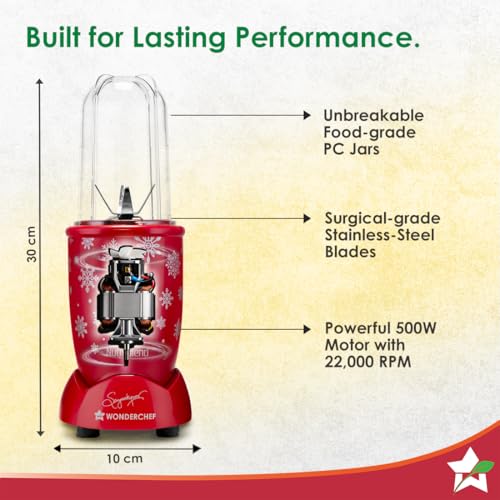 Image of Wonderchef Nutri-blend Snowflakes 500W Mixer Grinder, 22000 RPM, Smoothie Maker-Masala-Chutney Grinder, 3 Unbreakable Jars, Limited Edition, Recipe Book by Chef Sanjeev Kapoor, 2 Yr Warranty, Red