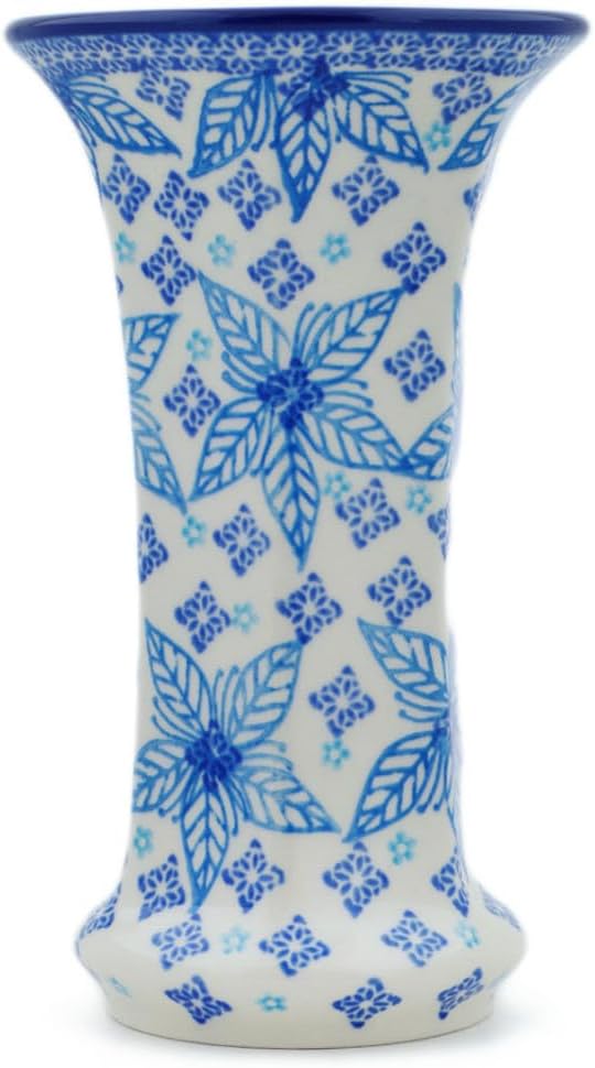 Polmedia Polish Pottery Vase UNIKAT - Blue Poinsettia Pattern Handmade in Boleslawiec Poland by Ceramika Artystyczna + Certificate of Authenticity