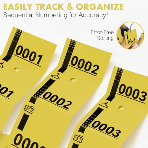 1000 gelbe Garderoben-Tickets – nummeriert 1 bis 1000 – 3-teilig perforiert – 160g Papier – 20 Blöcke à 50 – ideal für Events, Tombola, Garderobe, Verlosung – 5x14cm