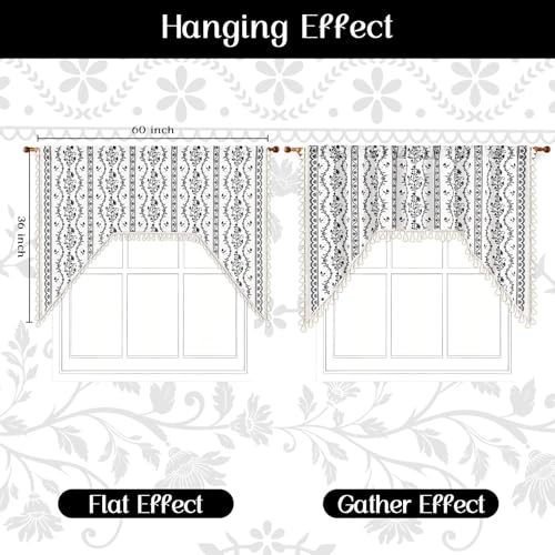 Image of Yinhua Boho Swag Valance Curtains Vintage Linen Valances for Windows Light Filtering Floral Kitchen Valance Rod Pocket Rustic Tassel Window Valances for Bathroom Cafe, 60 inch W x 36 inch L, White Black