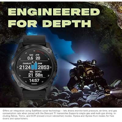Garmin Descent Mk2i، كمبيوتر غوص على شكل ساعة مع تكامل هوائي، ساعة ذكية للتدريب على الرياضات المتعددة، محتوى قابل للتنزيل باللون الرمادي الكربوني من التيتانيوم مع حزمة شريط أسود مع قطعة قماش تنظيف من الألياف الدقيقة + المزيد