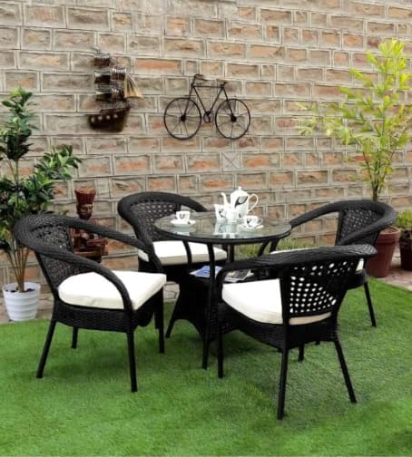 Outdoor Indoor Patio Set Bistro Set Wicker Chair Patio Set for Living Room Dining Room Lawn Balcony Outdoor Garden Chair Set with Glass Table (Black +Cream Cushion 4+1)-image-12