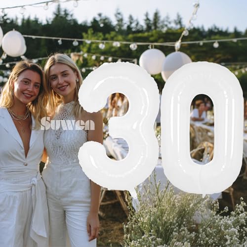 Image of SUWEN 40 Inch White Large 30 Balloon Number Big Foil Helium Numbers 0-9 | Giant Jumbo Happy 30th Birthday Party Decorations for Men or Women Huge Mylar Anniversary Party Supplies