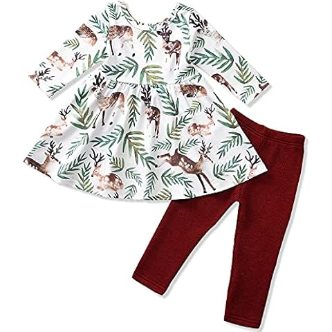 Toddler Little Girls Ruffle Flare Tunic Dress Top Red Leggings Pants Winter Deer Outfit Christmas Clothes Set - white - 3 Years Cover