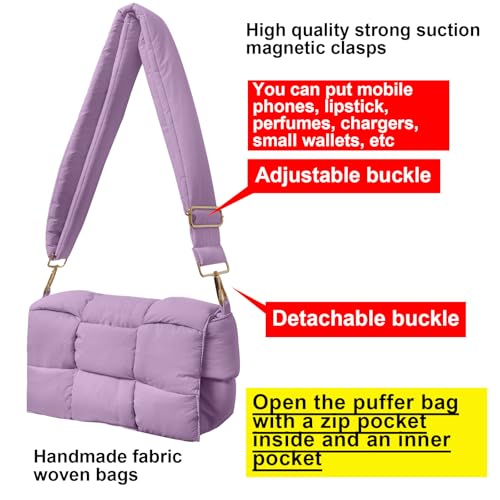 Image of Shoulder Bag Lightweight Puffer Tote Crossbody Bag Handwoven for Women | waterproof nylon, durable, soft padded texture, versatile for travel, work, weekend, everyday, adjustable strap